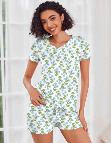 Image of Ekouaer Womens Pajama Sets Short Sleeve Pajamas for Women Sets Soft Lounge Sets Casual V Neck Sleepwear PJS