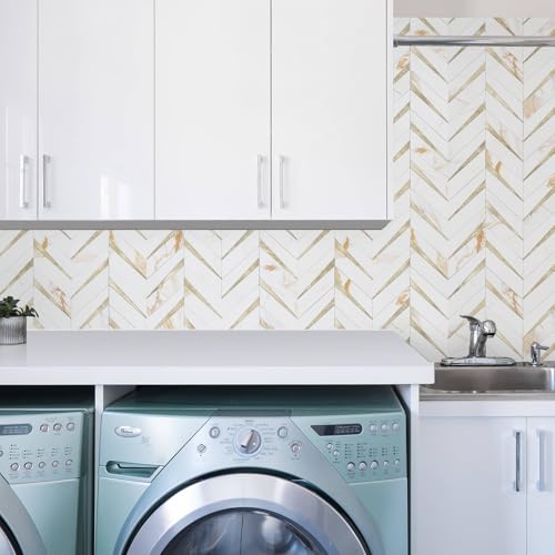 STICKGOO 10-Sheet Herringbone Tile Peel and Stick Backsplash, Calacatta Marble Mixed Light Gold PVC Stick on Backsplash, Self Adhesive Wall Tile for Kitchen and Bathroom