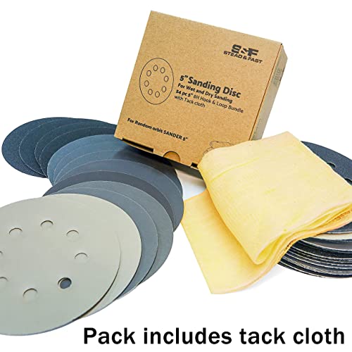 S&F Stead & Fast 5 Inch Wet Dry Sanding Discs Hook & Loop 54 Pcs, 80 120 180 220 400 600 1000 2000 3000 Grit Silicon Carbide Orbital Sander Sandpaper Assortment With Tack Cloth, Automotive Wood Metal #TOP5