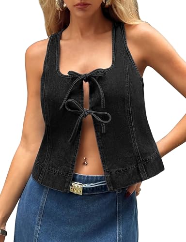 Womens Denim Vest Sleeveless Square Neck Jean Vest for Women Tie Up Front Denim Top