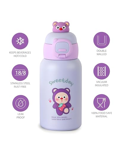Image of Kids Stainless Steel Insulated Flask - 500ml Double Wall Vacuum Water Bottle, Leak Resistant Hot & Cold School Travel Drink Container for Boys & Girls - Purple