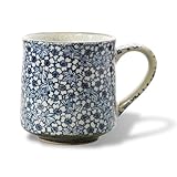 Nostalgic Mino Ware Ceramic Sometsuke Small Mug Cup - Japanese Crafted, Floral Pattern, Comfort Grip Handle, For Coffee and Green Tea or Soup, Matcha Tea, Gift Box Included (Kyokomon)