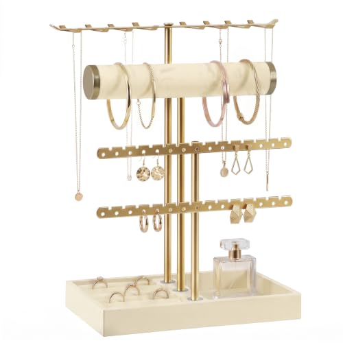 VIRETH HAUS Organisateur de Bijoux à 4 Niveaux, Porte-Bijoux Doré en Métal avec Plateau en Velours … – Vignette