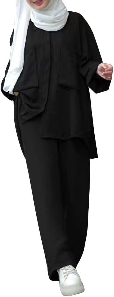 ODIZLI Muslim Long Sleeve Blouse Wide Leg Pants Suits Autumn Solid Abaya Women Matching Sets 2PCS Tracksuits Turkey Kaftan