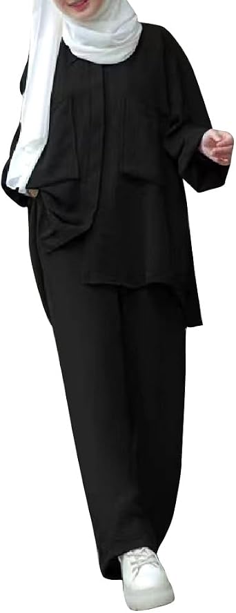 AFAVOM Women Modest Muslim Clothes Turkey Shirt Pants 2Pcs Kaftan Suit Islamic Abaya Casual Arabic Ramadan Middle East Outfit
