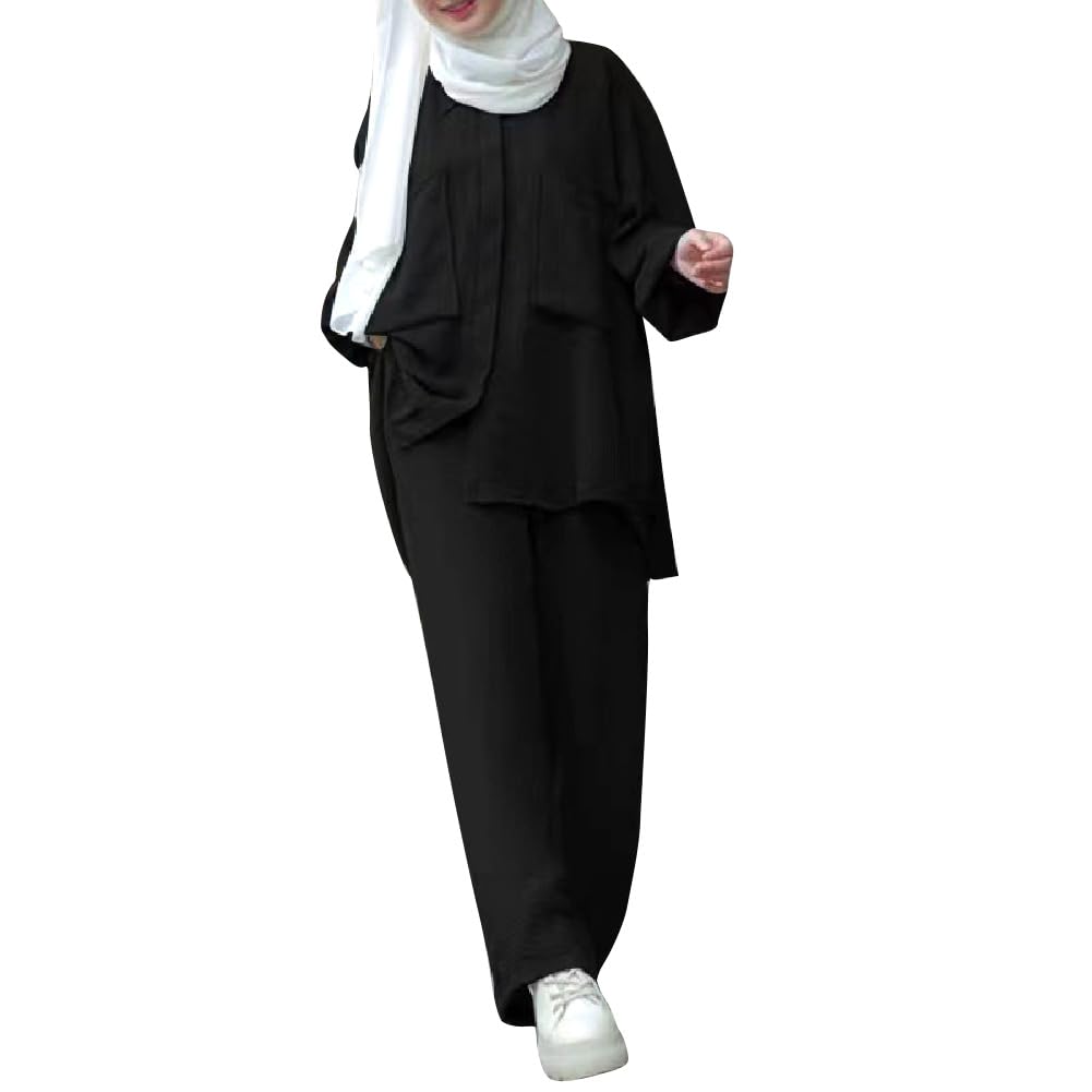 ODIZLI Muslim Long Sleeve Blouse Wide Leg Pants Suits Autumn Solid Abaya Women Matching Sets 2PCS Tracksuits Turkey Kaftan