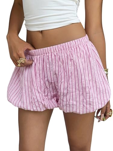 SOLY HUX Women's Y2k Striped Bubble Shorts Elastic Low Rise Puffy Balloon Summer Mini Shorts Pink Striped Medium