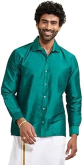 Vastramay Men's Silk Blend Ethnic Shirt | Full Sleeves South Indian Traditional Shirt | Festive, Wedding, Casual Wear