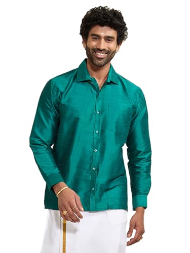 Vastramay Men's Silk Blend Ethnic Shirt | Full Sleeves South Indian Traditional Shirt | Festive, Wedding, Casual Wear