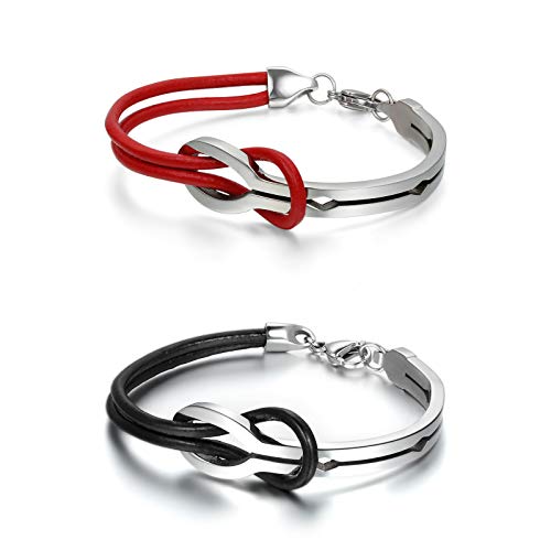 Flongo 2PCS Pulsera para Parejas, Brazalete de Parejas Cuero, con diseño de Signo de Infinito, de 20,5 cm, Color Negro Marrón Acero Inoxidable Rojo Negro
