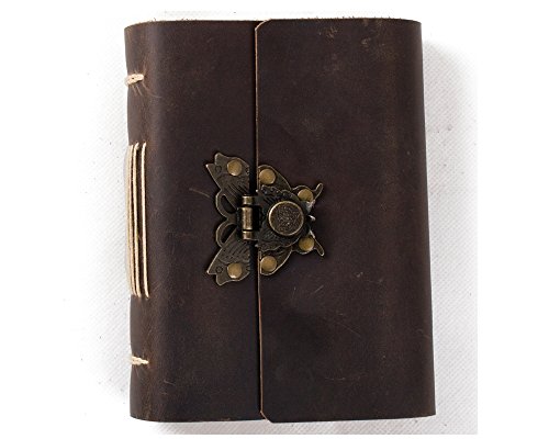 Ancicraft Leather Journal Diaries With Vintage Butterfly Lock A6 Lined Craft Paper Brown Handmade Gift (A6(4.13X5.9Inch) & Lined Craft Paper) #TOP20