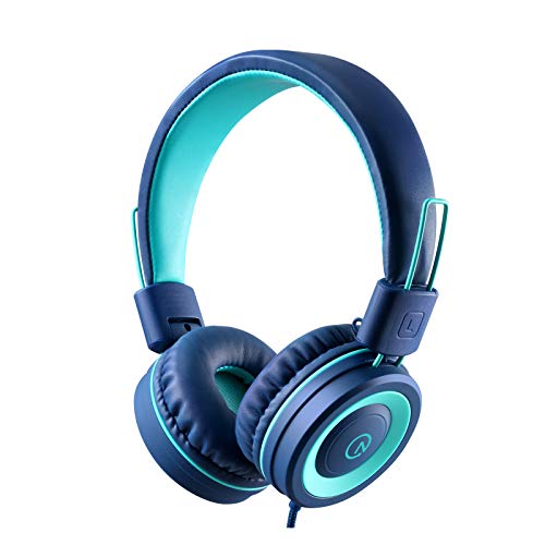 Kids Headphones - noot products K11 Foldable Stereo Tangle-Free 3.5mm Jack Wired Cord On-Ear Headset for Children/Teens/Boys/Girls/Smartphones/School/Kindle/Airplane Travel/Plane/Tablet (Navy/Teal)