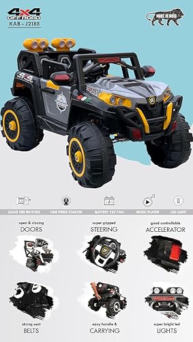 Image of Driving EV Cars for 1, 2, 3, 4, 5, 6 Years | Remote + Steering + Mobile App Control | Kids Jeeps (Jumbo Size KAB2188 [1-8 Year Kids], Silver /Yellow)