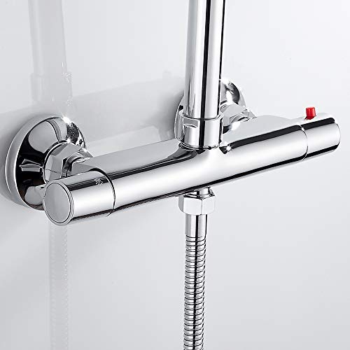 Mitigeur Thermostatique Douche Salle de Bain 2 Sortis Basse Mélangeur Thermostatique en Laiton Chromé avec Bouton de Sécurité pour Salle de Bain Cover