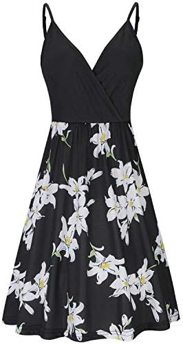 STYLEWORD Womens' Summer 2025 V Neck Floral/Solid Spaghetti Strap Casual Vacation Outfits Spring Sundress with Pocket