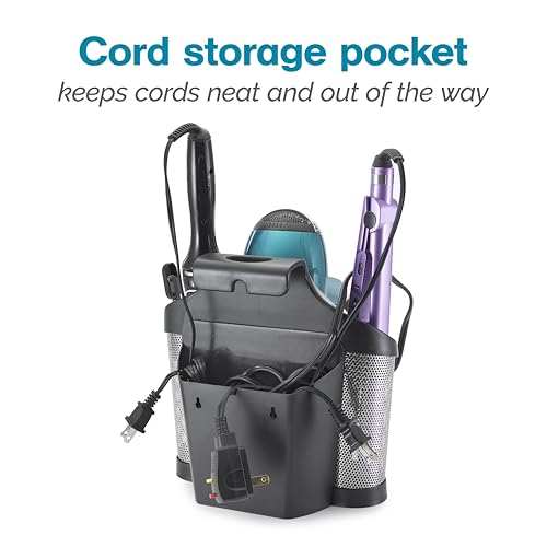 Polder Style Station, Organization for Styling Tools: Hair Dryers,Curling Irons, Straighteners, Brushes, Hang Over Towel Rack, Store Undersink or in Drawer, Black and Silver