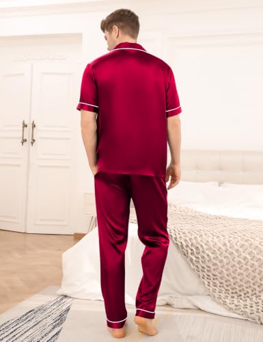 Image of SWOMOG Mens Satin Pajama Set Short Sleeve Classic Sleepwear Button Down Silky Loungewear with Long Pants