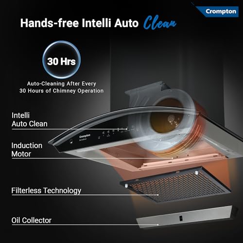 Image of Crompton SensoSmart 60 cm Curved Glass Kitchen Chimney with 1210 m /hr Suction, Smart On & Intelli Auto-Clean | Silent Kitchen Chimney with Filterless (Black)