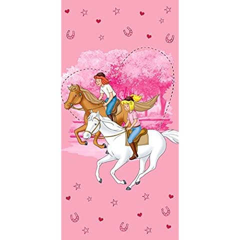BERONAGE Bibi und Tina Kinder Badetuch 75 cm x 150 cm Freunde 100% Baumwolle Velours-Qualität Bibi Blocksberg Tina Martin Pferde Strandtuch Handtuch Strandlaken Sabrina Amadeus passend zur Bettwäsche Cover