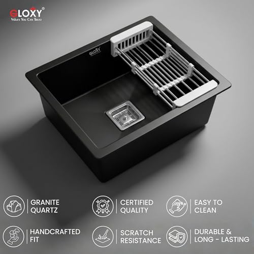 Image of Gloxy Granite Quartz Kitchen Sink 21x18x9 Inch - Grey Matte FInish Quartz Premium Single Bowl Sink For Kitchen With Coupling Hose Pipe and Drainer Basket - Undermount /Topmount - 3 Years Warranty