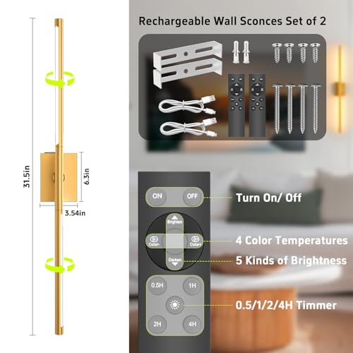 Image of iThird 1 Pack Battery Operated Wall Sconce, Wireless Battery Wall Sconce with Remote Control, Gold LED Rechargeable Sconces, 31.5 Inch Modern Cordless Wall Lights for Bedroom Living Room Picture