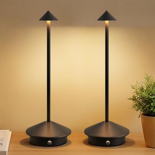 NEWSEE 2 Pack Mini Cordless Table Lamp, Portable LED Desk Lamp, 4000mAh Rechargeable Battery Powered Lighting, Stepless Dimming for Bedroom, Dining Room, Coffee Shop, Camping(Black)