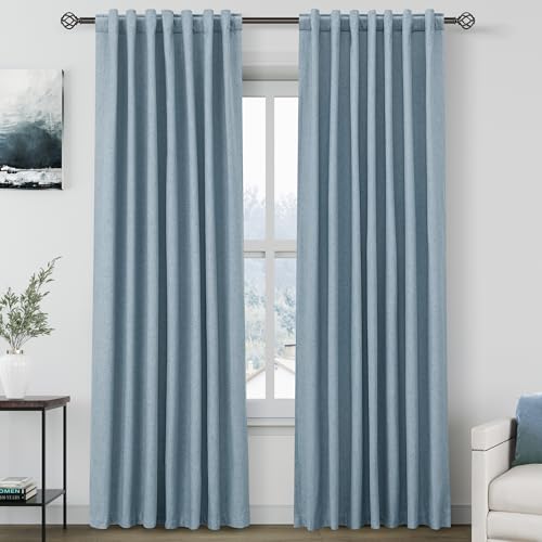 Image of Nanspring Blue 100% Blackout Linen Curtains 84 Inch Length 2 Panels Set for Bedroom Back Tab Luxury Modern Farmhouse Decor Black Out Curtain for Living Room Office Thermal Insulated Drapes 52x84