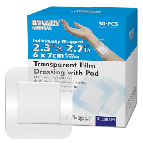 HTLARY Waterproof Transparent Film Dressing with Absorbent Pad 50-Pack Sterile Adhesive Bandages...