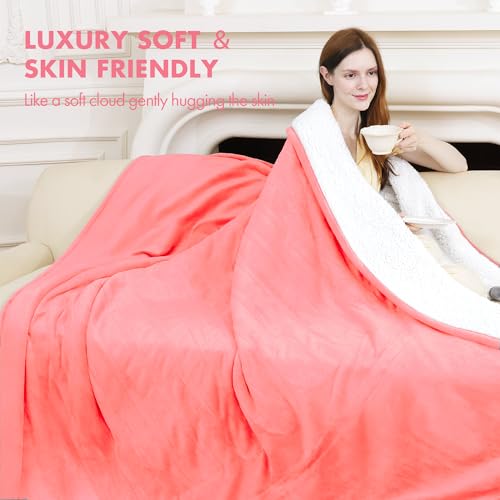 Electric Heated Blanket Twin 62" x 84" - Soft Fuzzy Cozy Flannel Sherpa Electric Blanket with 5 Heating Levels & 10 Hours Auto Off, Heated Blanket for Women and ETL Certified (Pink)