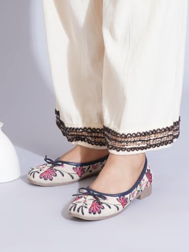 Image of TRYME Floral Embroidered Bow Ballerina Shoes for Women | Lightweight Slip-On Belly Flats | Soft Sole Comfortable Casual Footwear