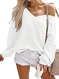 ADREAMLY Langarmshirt Damen Schulterfrei Pullover Waffelstrick Loose Strickpullover One Shoulder Oversize Sweatshirt Herbst Winter Oberteile Tops(Weiß,XL)