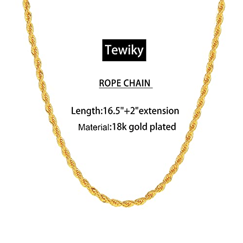 Tewiky Gold Rope Chain Necklace 18K Gold Plated Braided Twist Chain For Women 3Mm Diamond Cut Rope Chain Necklace 18Inch Long Jewelry For Men #TOP4