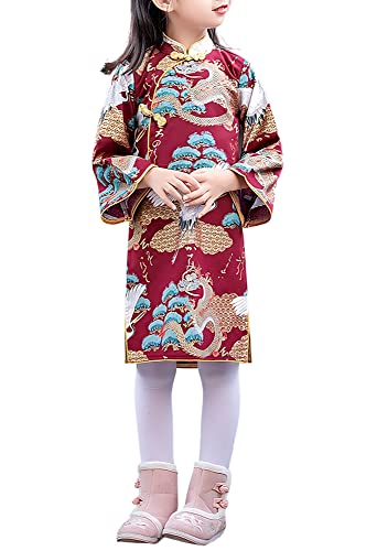 Girl's Long Bell Sleeve Gilded Chinese Dragon Crane and Pine Tree Dress