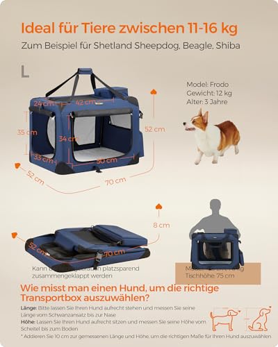Feandrea Hundebox faltbar, Transportbox Hund, L, Hundetasche, Oxford-Gewebe, Netzstoff, atmungsaktiv tragbar transportabel, Metallrahmen, mit Griffen, Taschen, 70 x 52 x 52 cm, dunkelblau PDC70Z