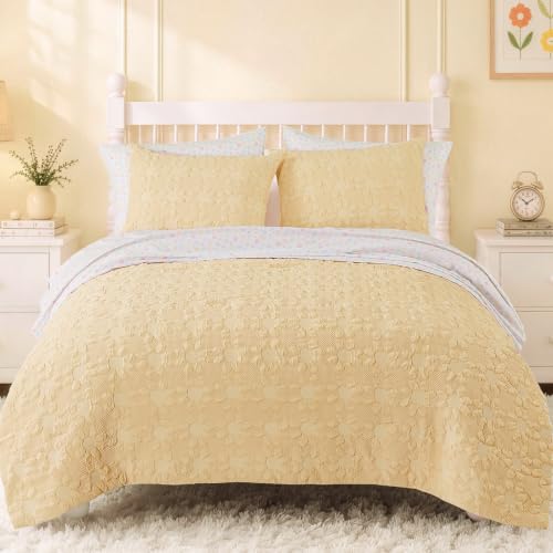 Image of Queen Comforter Set for Girls - 7 Pieces Yellow Dasiy Bed in a Bag | Jacquard Floral Queen Bedding Sets, Soft Lightweight Cute Comforter with Printed Sheets, Pillowcases & Shams for All Seasons