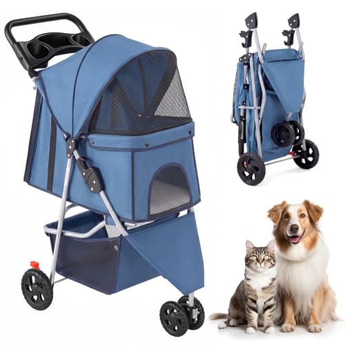 KMFurnila 3 Wheel Pet Stroller for Dogs and Cats, Foldable Design