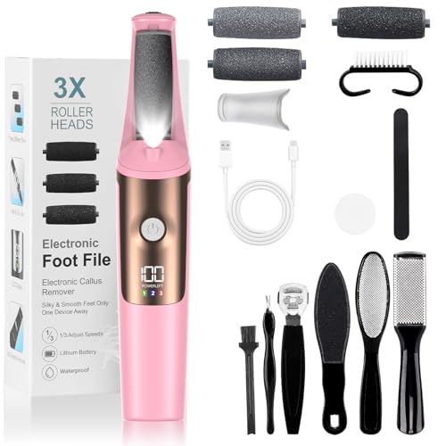 PKBD Lima Eléctrica Pies Pedicura Eléctrica Profesional, Herramientas de Cuidado de Pies y Kits de Accesorios, 3 Velocidades, Impermeable, Larga Vida de la Batería, Lijado Profesional Foot File,Rosa
