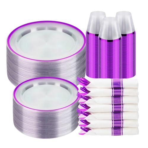BESTSTAR 350 PCS Clear and Purple Plates Set