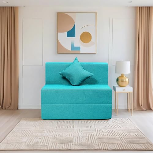 Image of Amazon Brand - Solimo 1 Seater 3 * 6 Jute Fabric Washable Cover Sofa Cum Bed with 1 Cushion 1 Seater Double Foam Fold Out Sofa Cum Bed (Finish Color - Sky Blue Delivery Condition - Pre-Assembled)