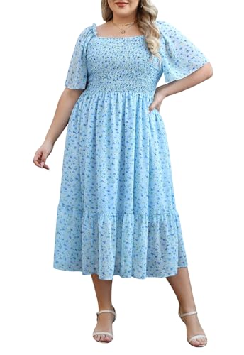 Image of Keluummi Plus Size Wedding Guest Maxi Dresses for Curvy Women, Summer Casual Boho Floral Smocked Empire Waist A Line Sundress