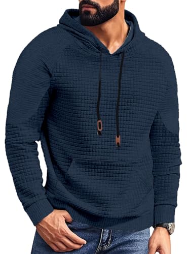 Mens Plaid Hoodies Sweatshirt Casaul Long Sleeve Drawstring Waffle Knit Hooded Fall Winter Tops with Pocket