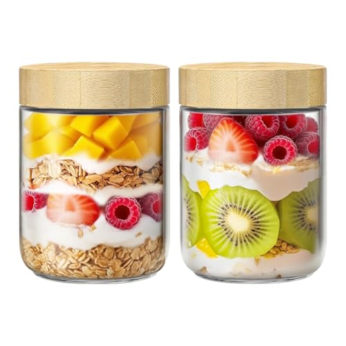 qiaomifeng 2 Pack 16oz Glass Jars with Bamboo Lids Overnight Oats Containers with Airtight Lids Storage Containers Wide Mouth Mason jars for Salad Yogurt Sugar Snacks Spices