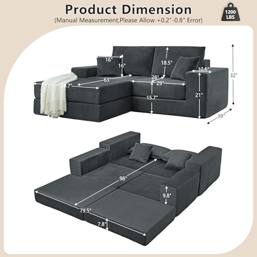 Image of L Shaped Boneless Couch Modular Sectional Sofa, Modern Cozy Corduroy Cloud Couch Loveseat with Ottoman, Memory Foam Convertible Sectional Sleeper Sofas for Living Room, Grey