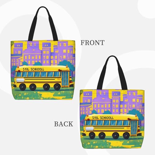 School Bus Print Tote Bags, Large Capacity Zipper Shoulder Bag, For Shopping, Work, Daily3