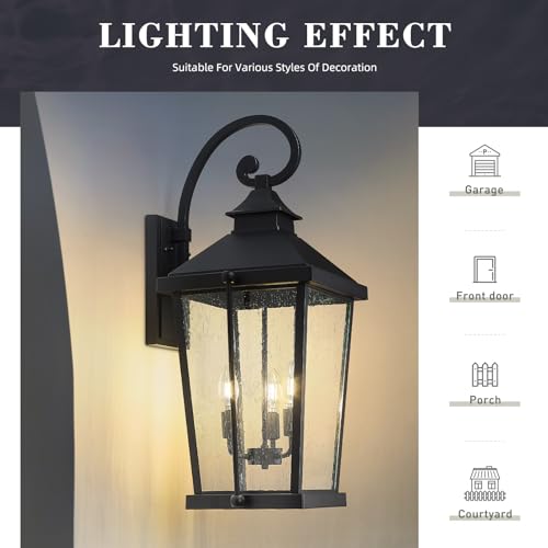Image of zeyu 27 Inch Outdoor Wall Lamp, 3-Light Large Outdoor Wall Lighting for House Porch, Die-Cast Aluminum in Black Finish, Seeded Glass, ZW105B-L BK