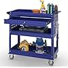 3 Tier Rolling Tool Cart on Wheels with Locking Drawer - Metal Service Cart Industrial Utility Cart for Mechanic - 350 LBS Mobile Storage Organizer for Garage, (Blue)