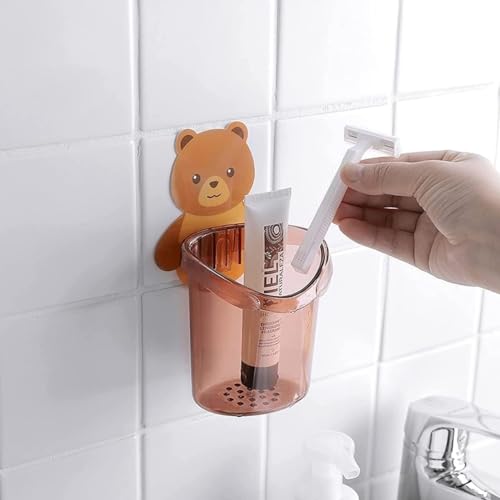 Image of Khedu Feb Toothbrush Holder Tumbler Teddy Bear Holder Sticker Stand for Bathroom Organizer Toothbrush Tongue Cleaner Soap Comb Razor Shaving Kit and Office Stationery Cosmetics Organizer