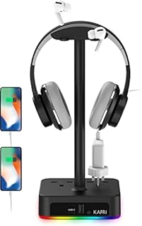 RGB Headphone Stand with USB A & C Charger, KAFRI Headset Holder Hanger Rack with 2 USB Charging Ports and 2 Way Outlets - Suitable for Gamer Desktop Table Gaming Earphone Accessories Boyfriend Gifts