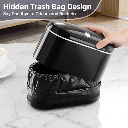 PAVSTINE Tischmülleimer mit Deckel, Tischabfalleimer Zweikammer-Design, Mini Mülleimers Enthält 5 Rollen Müllbeutel und 4 Anti-Rutsch-Matten, Tisch Mülleimer für Schreibtisch, Badezimmer, Schwarz