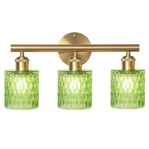 Image of Bathroom Vanity Light, Gold Wall Fixture Over Mirror, Green Glass Shade Lighting with Bulbs Included for Bedroom & Living Room,3-Lights